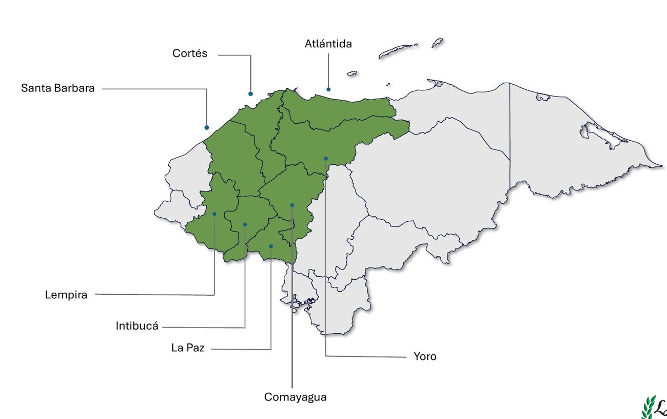 Mapa de Honduras con los ocho departamentos donde opera Comercial La Roca